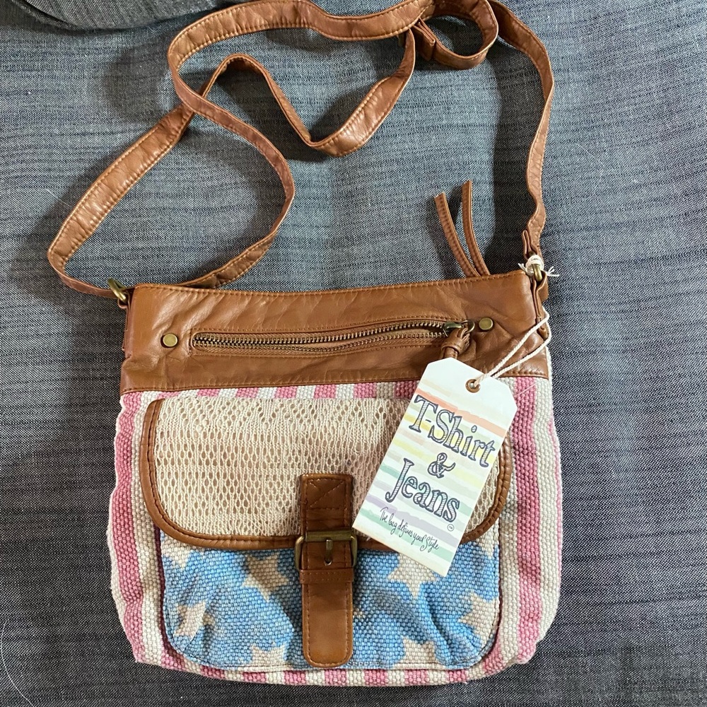 Cross body bag red white and blue/Tan Leather & Fabric